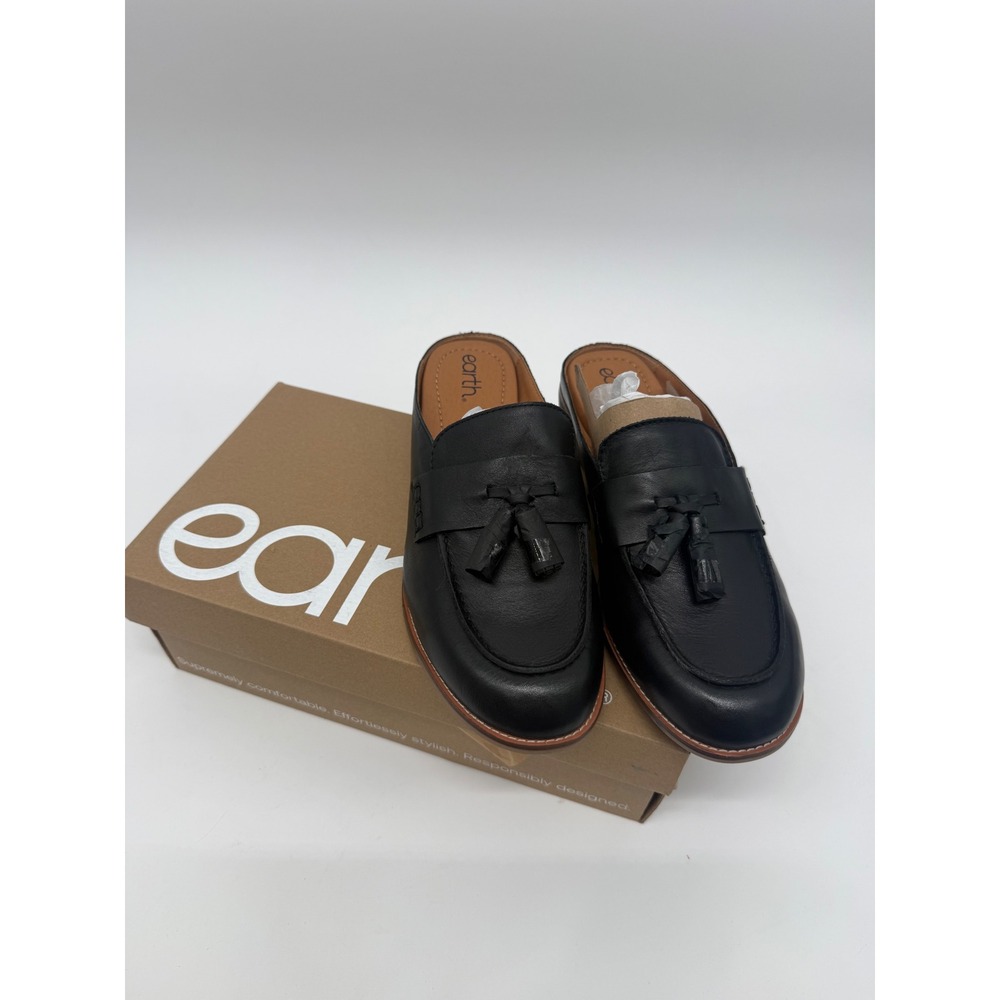 Earth EVERETT Black Leather Tassel Mule Loafers Womens 10W Wide Flat Slip On